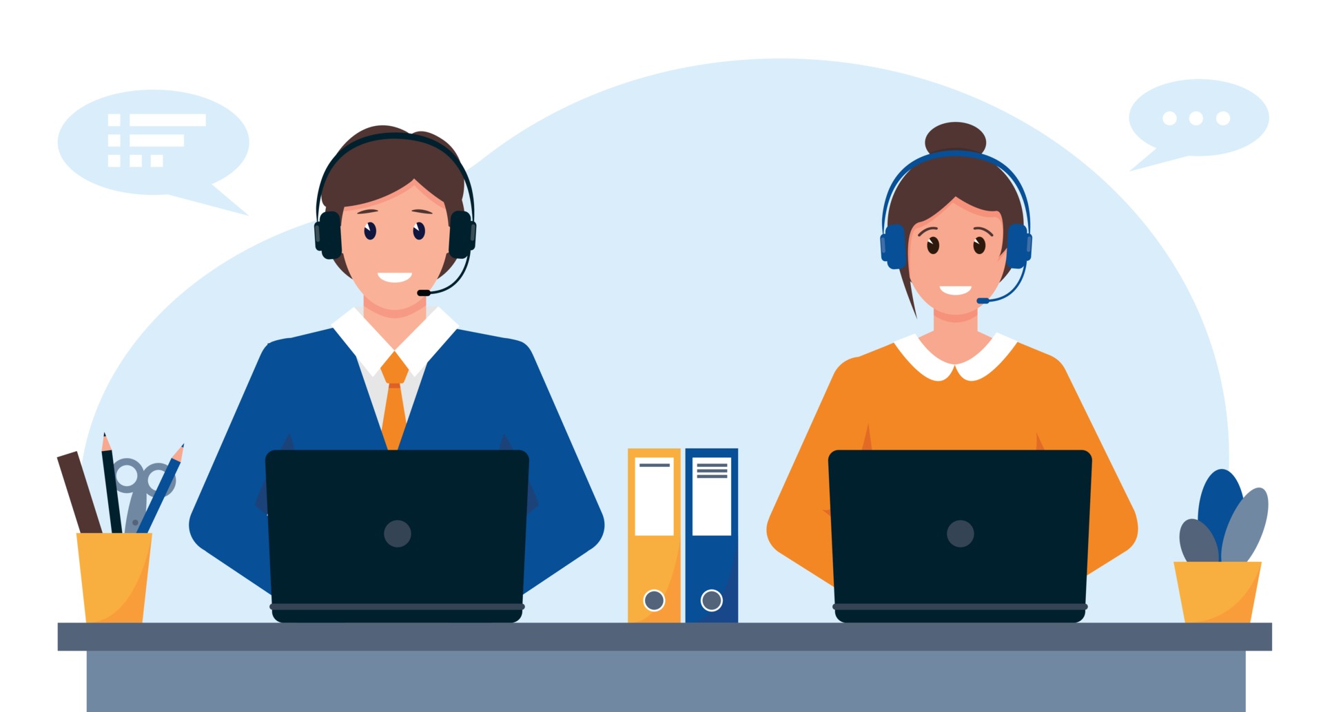 young-man-and-woman-with-headphones-microphone-and-computer-customer-service-support-or-call-center-concept-free-vector young-man-and-woman-with-headphones-microphone-and-computer-customer-service-support-or-call-center-concept-free-vector